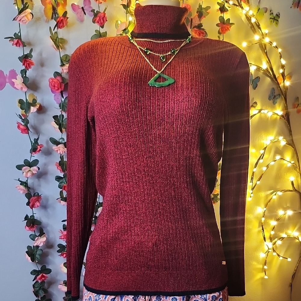 Calvin Klein Red Cowl Neck Sweater with Ribbed Texture